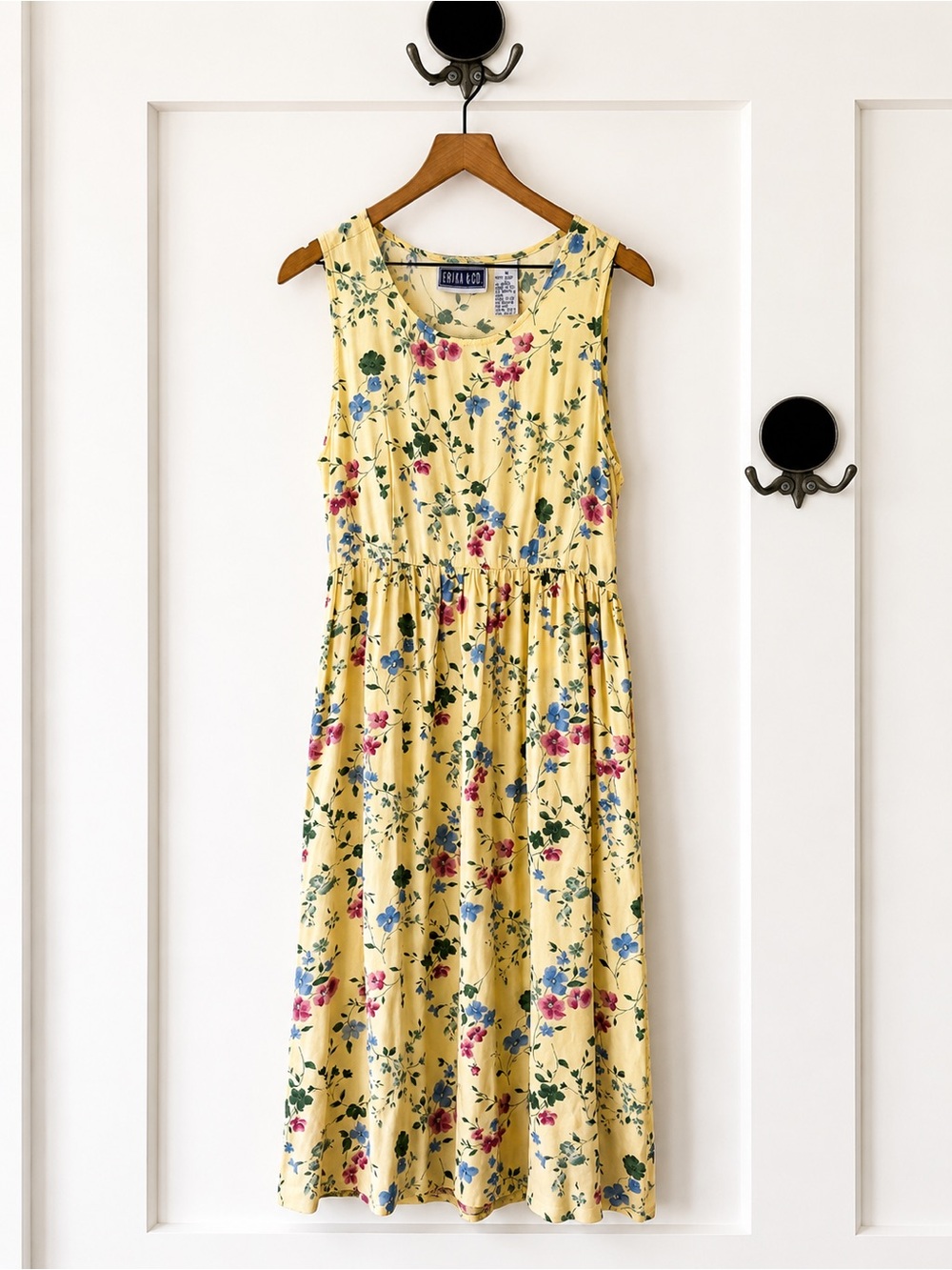 1990s Erika & Co. Yellow Floral Rayon Midi Dress | Adjustable Tie Back